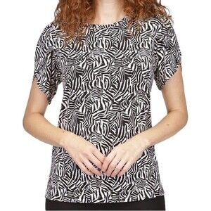 F. Michael Kors Top Size M Print Multicolor Black Short Sleeve Round Neck NWT